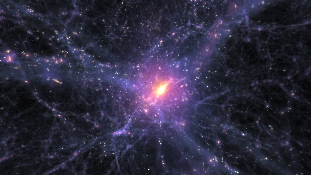 JWST Science Simulations: Galaxy Evolution tracking animation.  This visualization shows galaxies, composed of gas, stars and dark matter, colliding and forming filaments in the large-scale universe providing in a view of the Cosmic Web.  