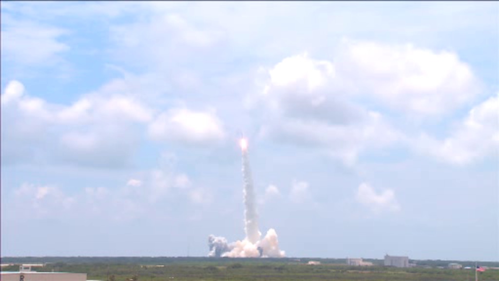 Wide shot footage of the Fermi satellite launch from Cape Canaveral Air Station on June 11, 2008.