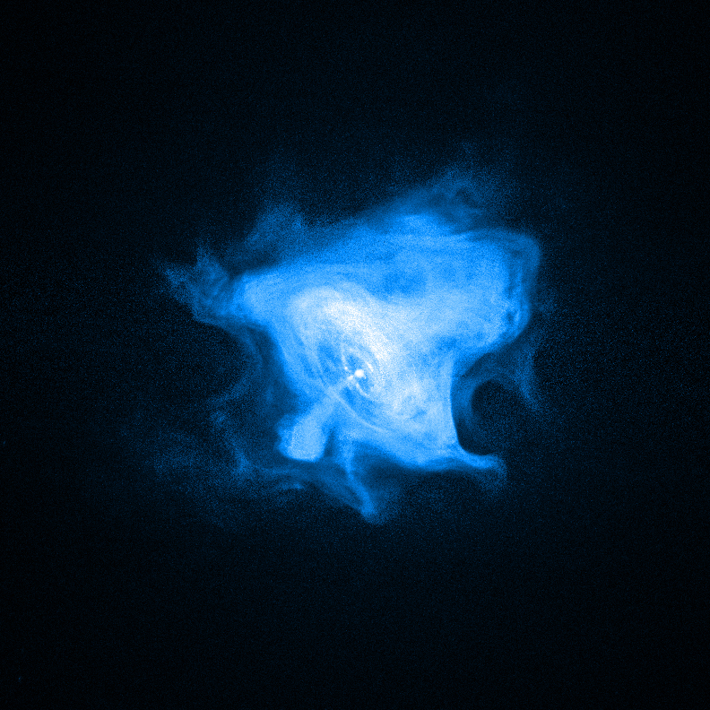 NASA's Chandra X-ray Observatory reveals the complex X-ray-emitting central region of the Crab Nebula. This image is 9.8 light-years across. Chandra observations were not compatible with the study of the nebula's hard X-ray variations. Credit: NASA/CXC/SAO/F. Seward et al.