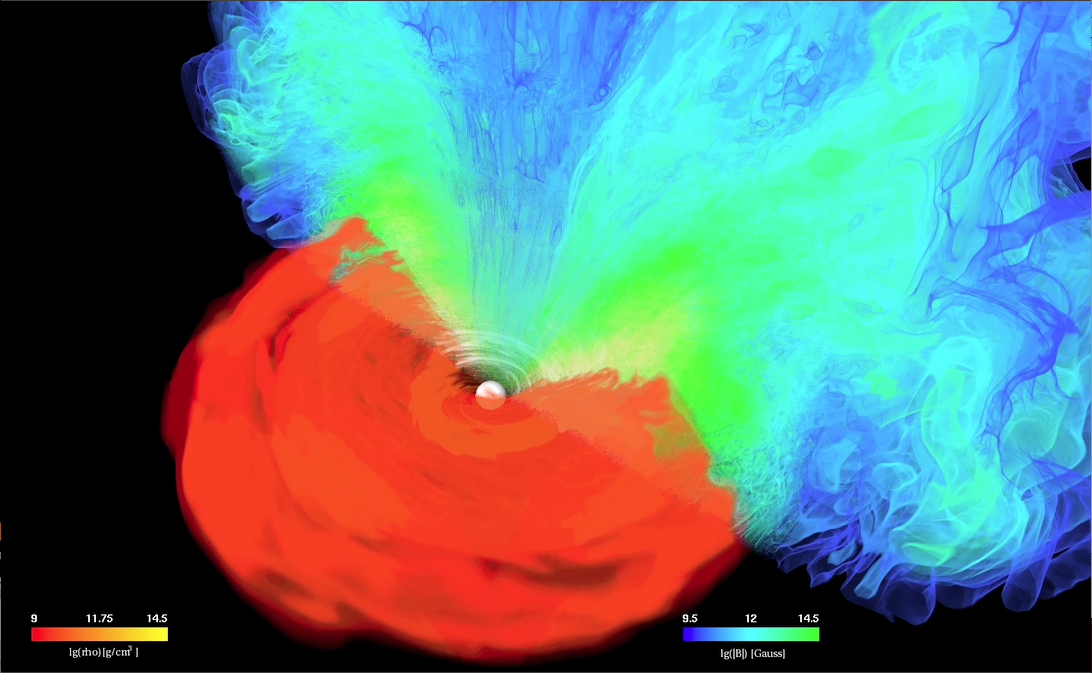 Video of simulation showing density on left and magnetic field on right.  Credit: NASA/AEI/ZIB/M. Koppitz and L. Rezzolla