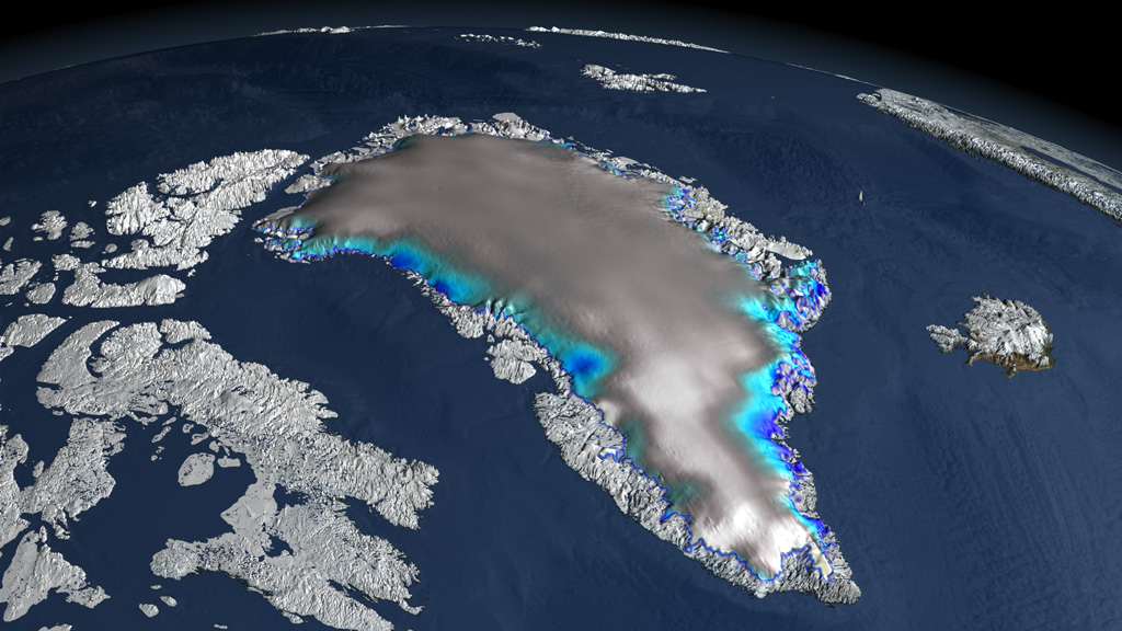 NASA laser altimetry data shows changes in elevation from 2003 to 2006. Light and dark blues indicate ice thinning.