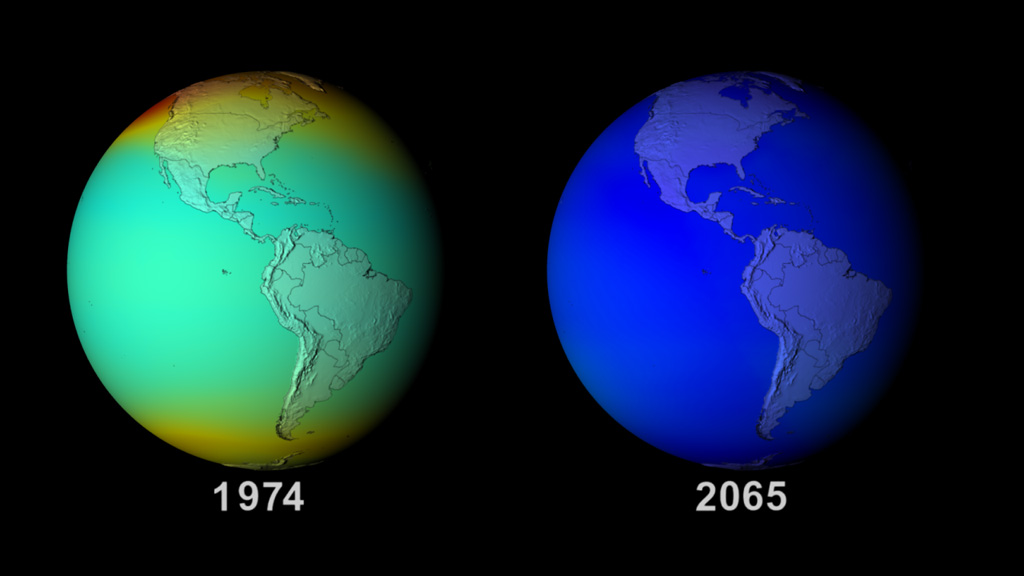 Scientists have simulated what the ozone hole would look like in 2065 had chlorofluorocarbons (CFCs) never been regulated.
