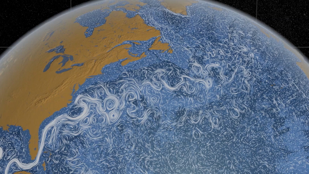 Watch surface currents circulate in this high-resolution, 3D model of the Earth's oceans.