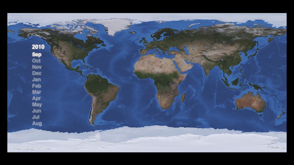 Seasonal snow cover waxes and wanes across the globe from Sept. 2010 to Aug. 2011.