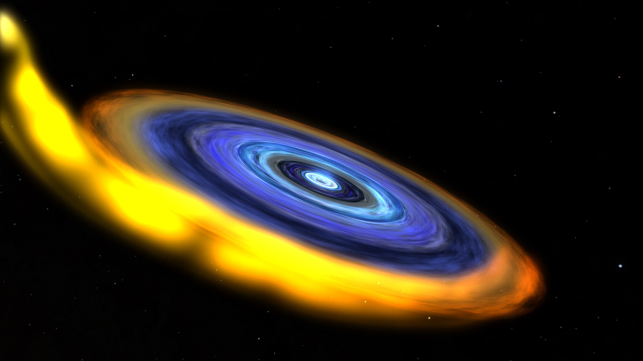 Artist's rendering showing the black hole and its accretion disk before the jet emerges.