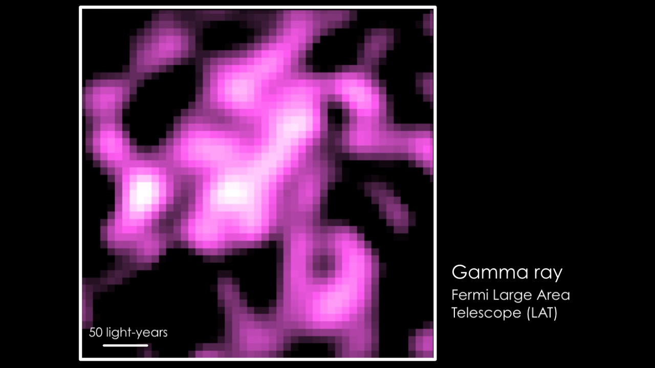 Tour the Cygnus X star factory. This video opens with wide optical and infrared images of the constellation Cygnus, then zooms into the Cygnus X region using radio, infrared and gamma-ray images. Fermi LAT shows that gamma rays fill cavities in the star-forming clouds. The emission occurs when fast-moving cosmic rays strike hot gas and starlight.Watch this video on the NASAexplorer YouTube channel.