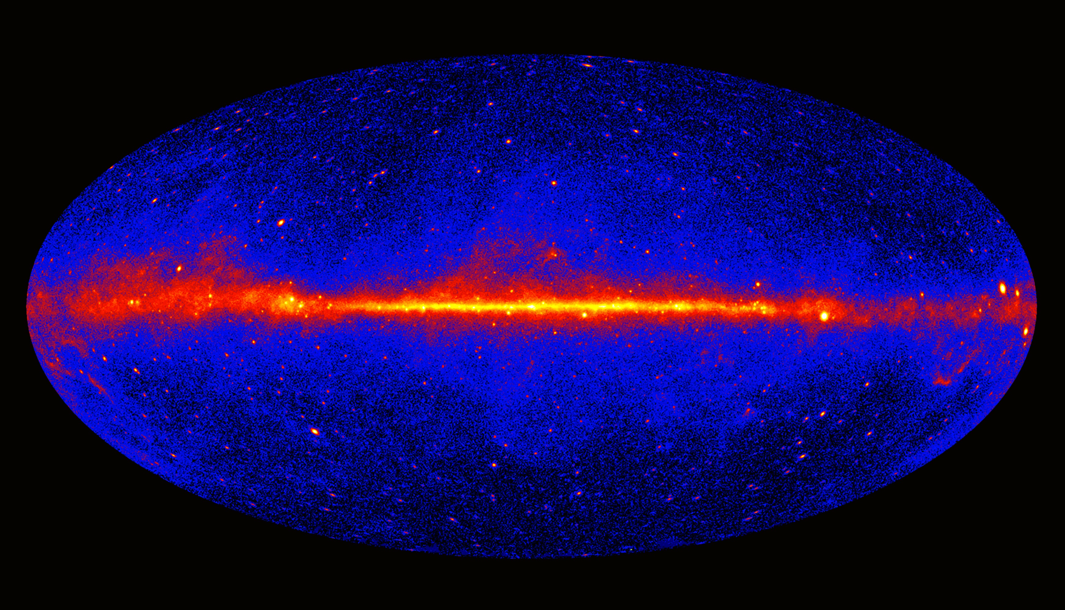 Fermi's view of the gamma-ray sky continually improves. This image of the entire sky includes three years of observations by Fermi's Large Area Telescope (LAT). It shows how the sky appears at energies greater than 1 billion electron volts (1 GeV). Brighter colors indicate brighter gamma-ray sources. A diffuse glow fills the sky and is brightest along the plane of our galaxy (middle). Discrete gamma-ray sources include pulsars and supernova remnants within our galaxy as well as distant galaxies powered by supermassive black holes. Credit: NASA/DOE/Fermi LAT Collaboration