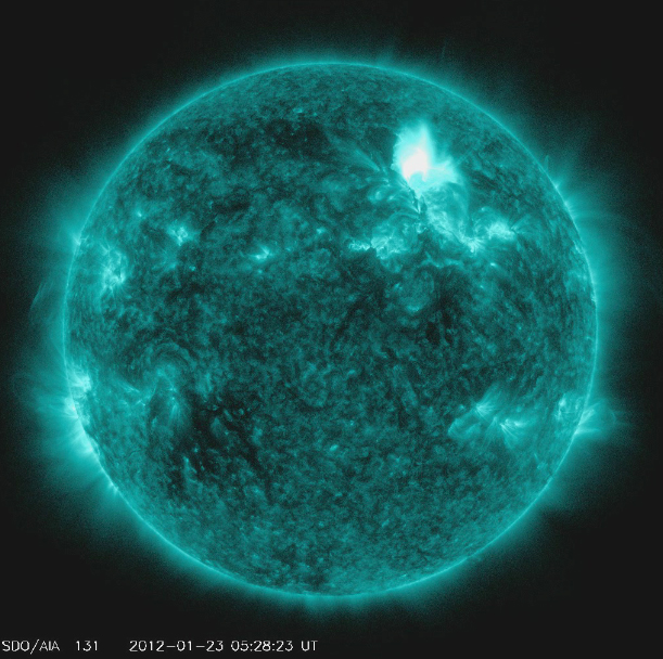 Solar Dynamics Observatory captured the flare, shown here in teal as that is the color typically used to show light in the 131 angstrom wavelength. The flare began at 10:38 PM ET on Jan. 22, peaked at 10:59 PM and ended at 11:34 PM. Credit: NASA/SDO/AIA