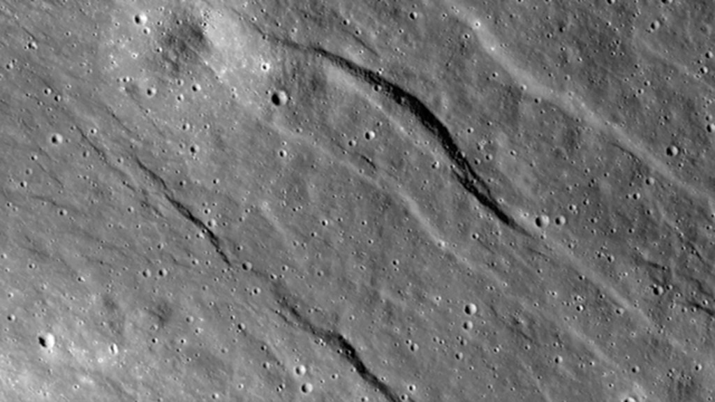 The largest of the newly detected graben found in highlands of the lunar farside. The broadest graben is about 500 m wide and topography derived from Lunar Reconnaissance Orbiter Camera (LROC) Narrow Angle Camera (NAC) stereo images indicates they are almost 20 m deep.Credit: NASA/GSFC/Arizona State University/Smithsonian Institution