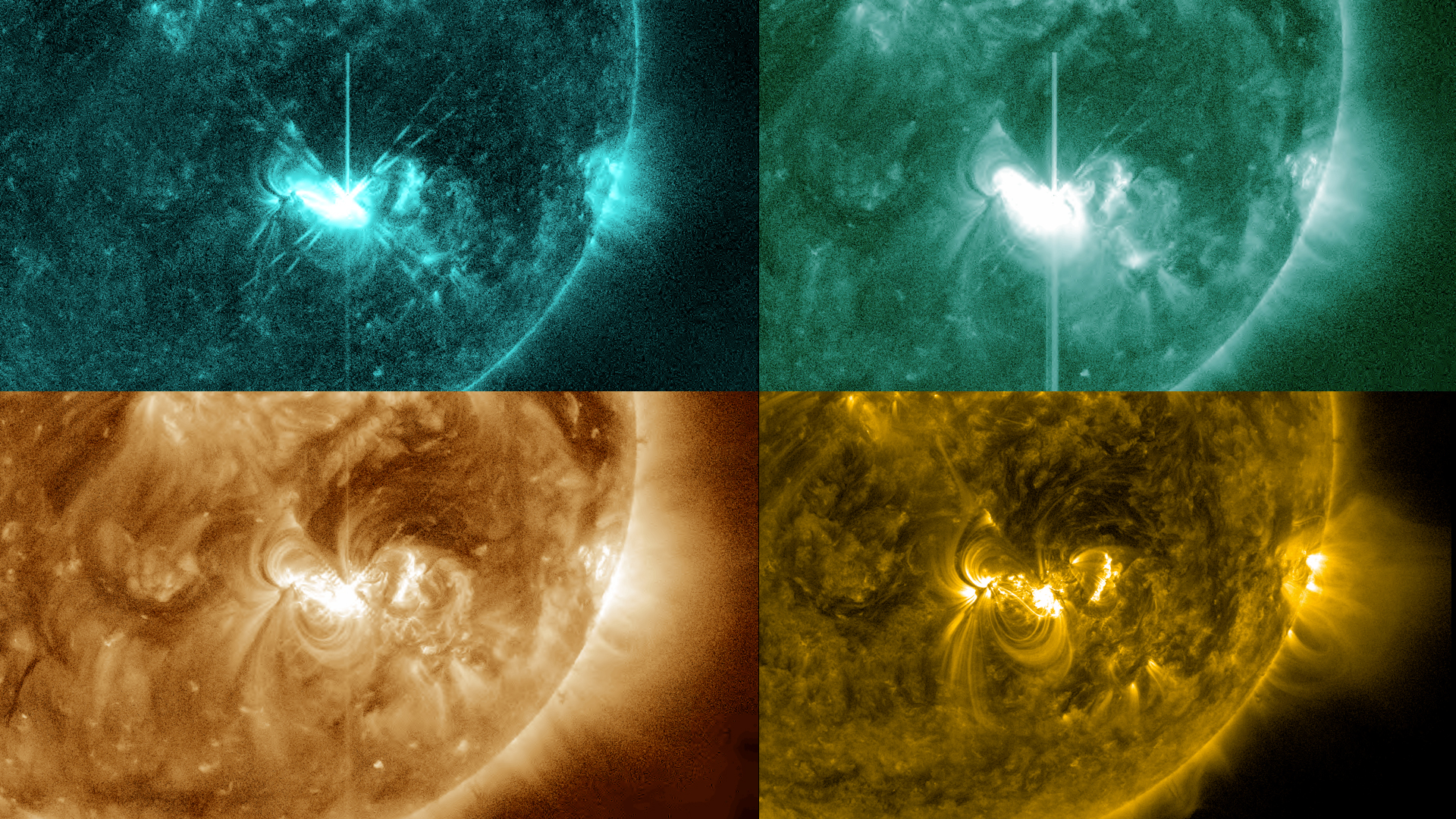 This image shows four separate images of the M5.3 class flare from the morning of July 4, 2012. In clockwise order starting at the top left, the wavelengths shown are: 131, 94, 193, and 171 angstroms. Each wavelength shows a different temperature of material, which in turn corresponds to different levels of the sun's atmosphere. By looking at images in several wavelengths, scientists can track how a solar eruption moves through the layers. Credit: NASA/SDO/AIA/Helioviewer/TheSunToday 
