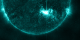 This image, captured by the Solar Dynamics Observatory, shows the M5.3 class flare that peaked on July 4, 2012 at 5:55 AM EDT. It is shown in the 131 angstrom wavelength, a wavelength that is particularly good for capturing the radiation emitted from flares. The wavelength is typically colorized in teal as shown here. Credit: NASA/SDO/AIA/Helioviewer 