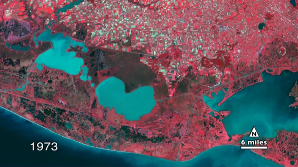 Timelapse of six years in southern Vermilion Parish, Louisiana (1973, 1980, 1986, 1992, 2003, 2010) land being overtaken by water. In these images from Landsat data, red indicates healthy vegetation and shades of blue indicate water.