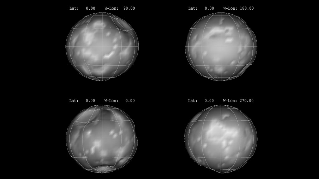 Cassini imaging reveals that Phoebe has a nearly spherical shape despite being heavily cratered. Each image represents a 90-degree turn.