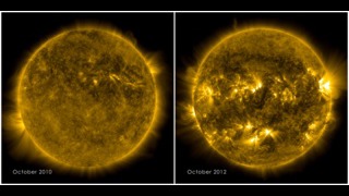 The picture on the left shows a calm sun from Oct. 2010. The right side, from Oct. 2012, shows a much more active and varied solar atmosphere as the sun moves closer to peak solar activity, or solar maximum, predicted for 2013. Both images were captured by NASA's Solar Dynamics Observatory (SDO) observing light emitted from the 1 million degree plasma, which is a good temperature for observing the quiet corona.