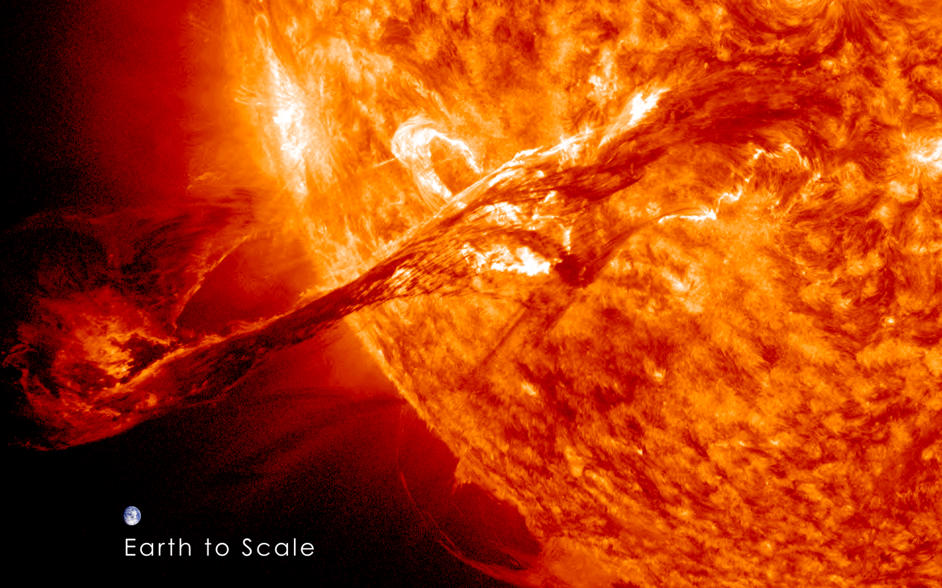 Image of the Earth to scale with the filament eruption.  Note: the Earth is not this close to the sun, this image is for scale purposes only.