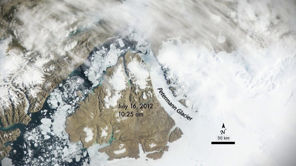 This time-lapse video shows the calving of an ice island from Greenland's Petermann Glacier and the drifting of the ice down the fjord and southward through Nares Strait. The images were captured between July 9 and September 13, 2012, by NASA's Terra and Aqua earth-observing satellites. This is the second time in three years that a city-sized hunk of ice has ripped off from the glacier.For complete transcript, click here.