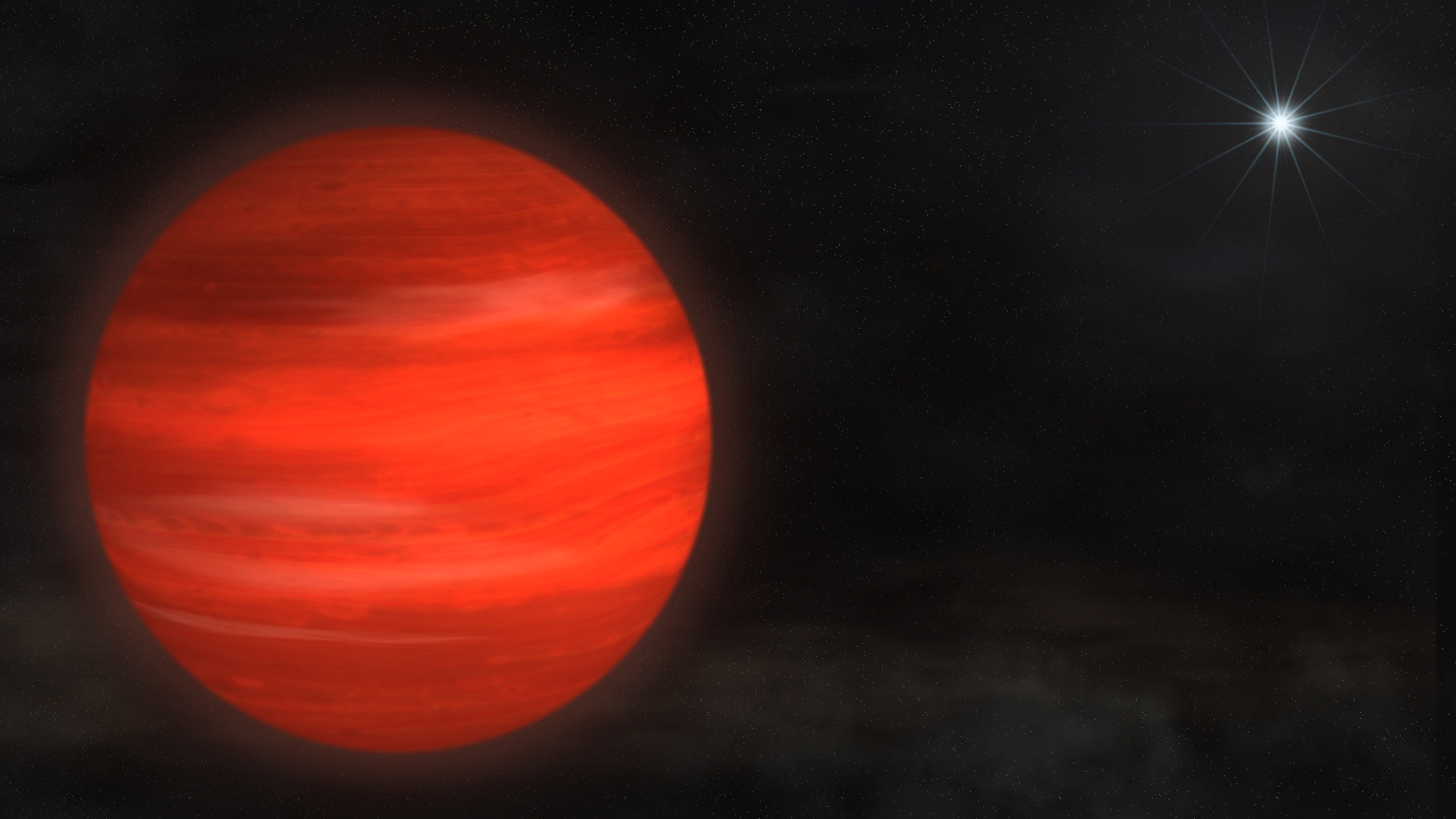 The "super-Jupiter" Kappa Andromedae b, shown here in an artist's rendering, circles its star at nearly twice the distance that Neptune orbits the sun. With a mass about 13 times Jupiter's, the object glows with a reddish color. Credit: NASA's Goddard Space Flight Center/S. Wiessinger