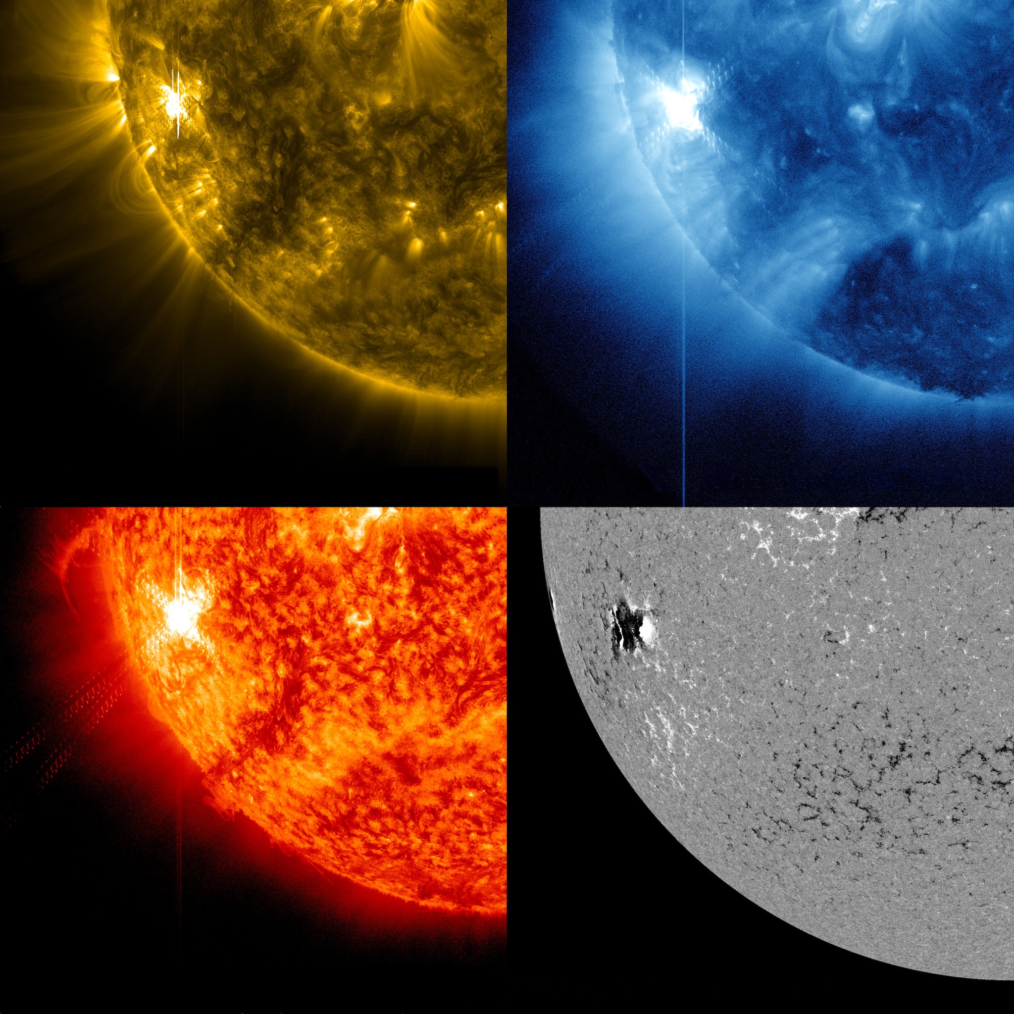 By observing the sun in a number of different wavelengths, NASA's telescopes can tease out different aspects of events on the sun. These four images of a solar flare on Oct. 22, 2012, show from the top left, and moving clockwise: light from the sun in the 171 angstrom wavelength, which shows the structure of loops of solar material in the sun's atmosphere, the corona; light in 335 angstroms, which highlights light from active regions in the corona; a magnetogram, which shows magnetically active regions on the sun; light in the 304 wavelength, which shows light from the region of the sun's atmosphere where flares originate. Credit: NASA/SDO/GSFC