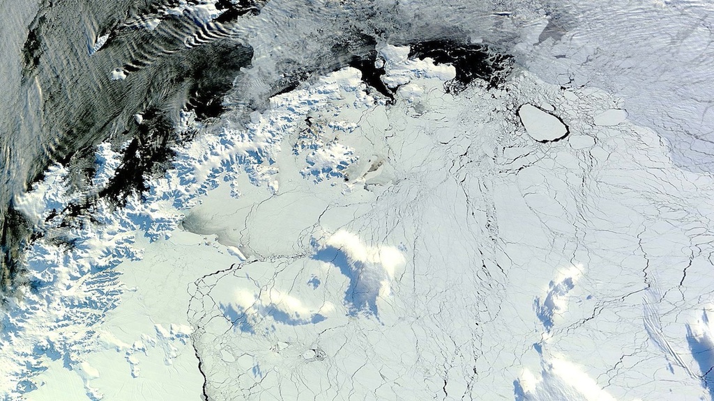 A view of the tip of the peninsula by NASA's Terra satellite from Apr. 2012 shows sea ice in the midst of its seasonal growth.