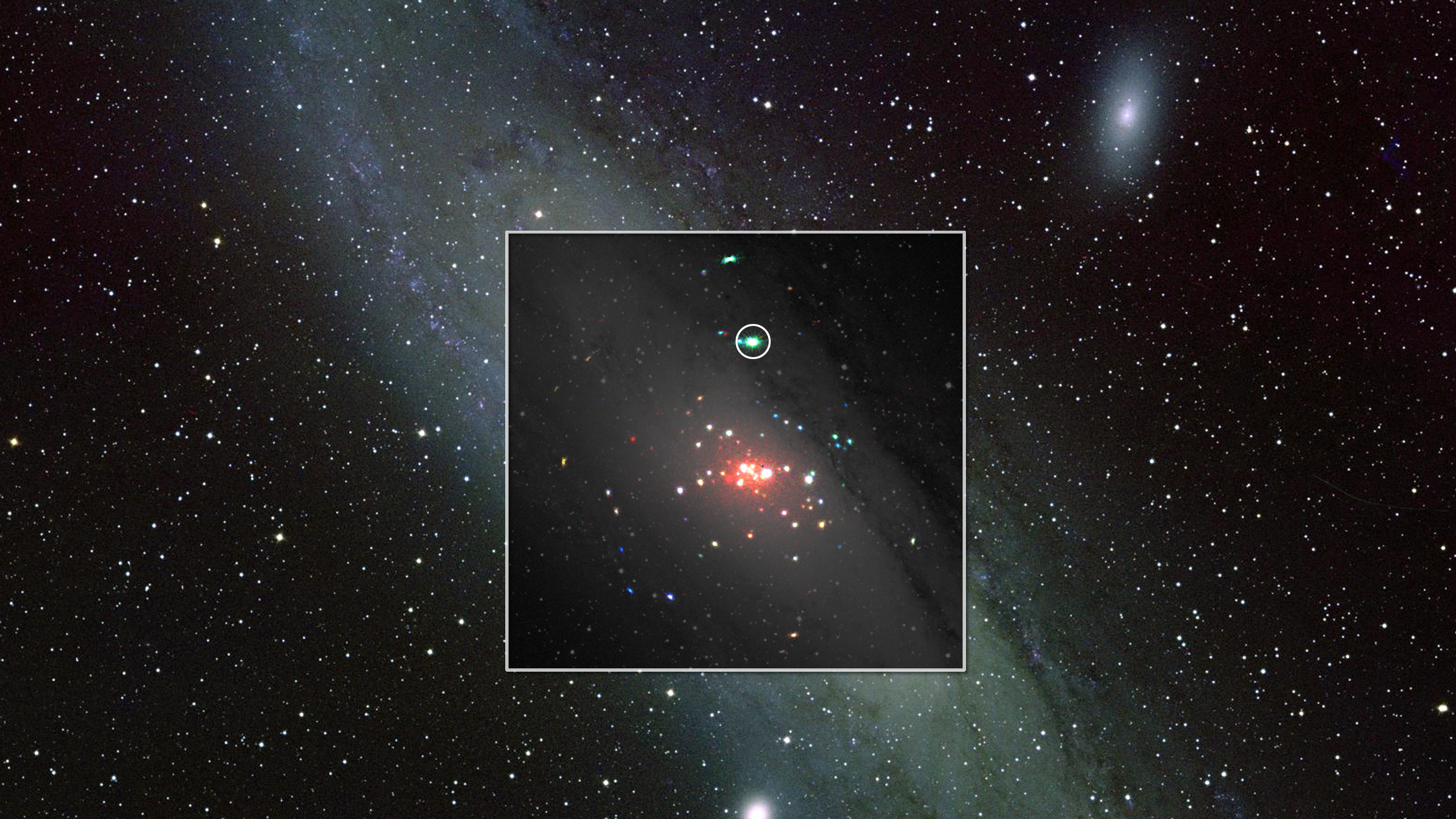 This image composites XMM-Newton X-ray data onto an optical view of the Andromeda galaxy; the ULX is circled. Colors in the XMM image correspond to different X-ray energies: 0.2 to 1 keV (red), 1 to 2 keV (green) and 2 to 4.5 keV (blue). LabelsInset: ESA/M. Middleton et al.; background: Bill Schoening, Vanessa Harvey/REU program/NOAO/AURA/NSF