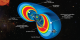 A cutaway model of the radiation belts with the 2 RBSP satellites flying through them. The radiation belts are two donut-shaped regions encircling Earth, where high-energy particles, mostly electrons and ions, are trapped by Earth's magnetic field. This radiation is a kind of 