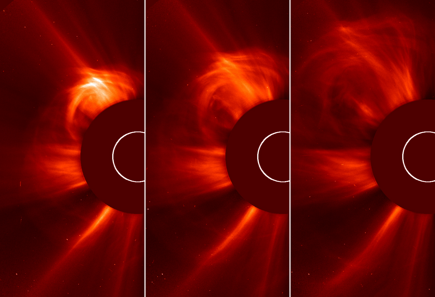 The ESA and NASA Solar Heliospheric Observatory (SOHO) captured these images of the sun spitting out a coronal mass ejection (CME) on March 15, 2013, from 3:24 to 4:00 a.m. EDT. This type of image is known as a coronagraph, since a disk is placed over the sun to better see the dimmer atmosphere around it, called the corona.  No Labels Credit: ESA&NASA/SOHO 