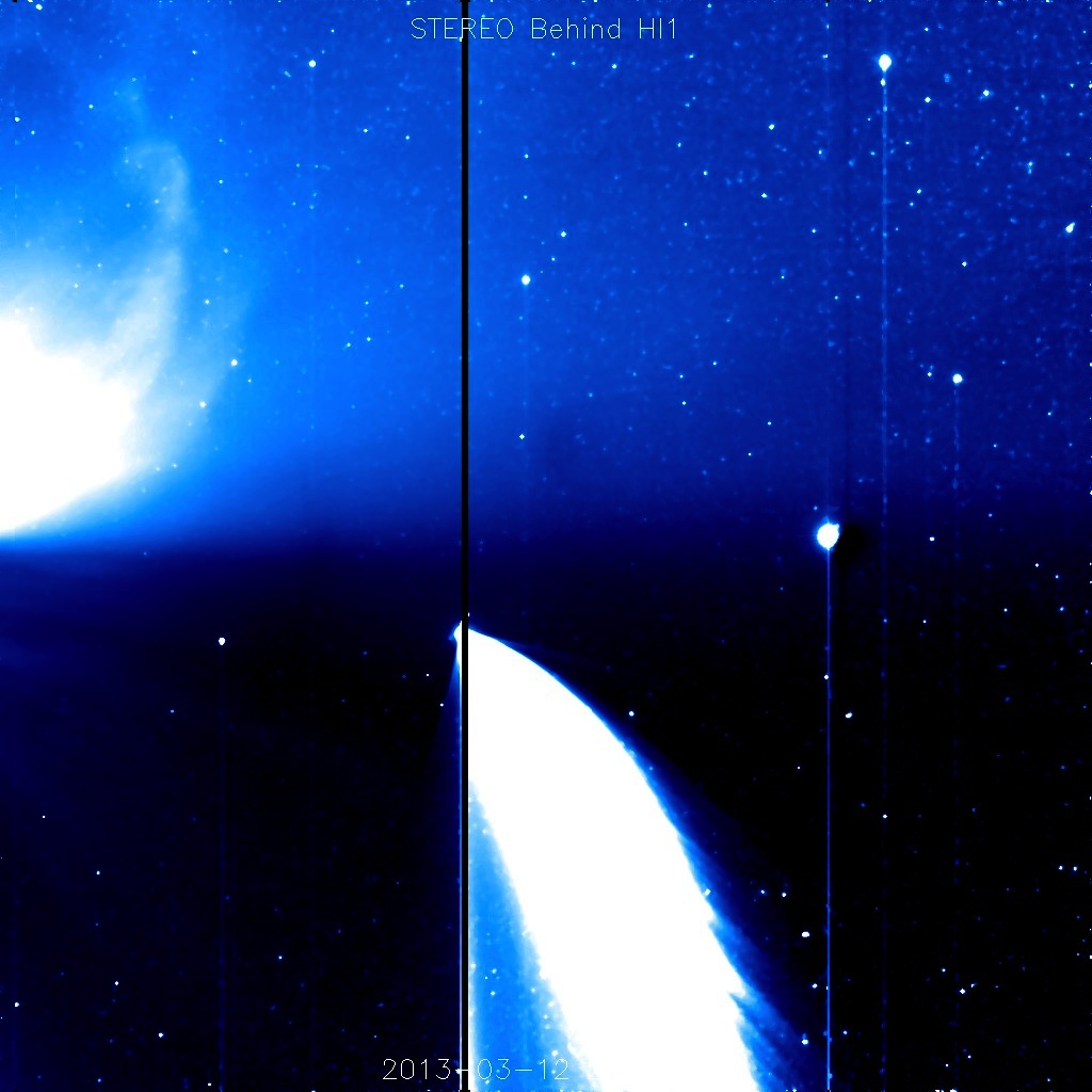 Still from STEREO Behind's HI1 instrument showing Comet PanSTARRS and a coronal mass ejection (CME).