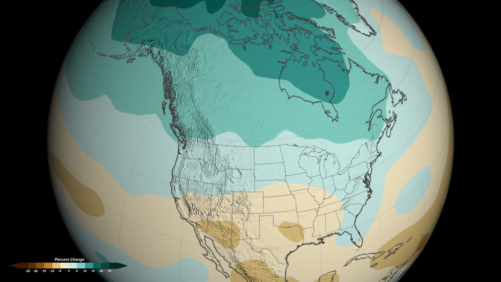 By 2050, the low-emissions scenario (550 ppm CO2) shows widespread precipitation changes across the continental U.S.