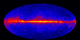 The Fermi LAT 60-month image, constructed from front-converting gamma rays with energies greater than 1 GeV. The most prominent feature is the bright band of diffuse glow along the map's center, which marks the central plane of our Milky Way galaxy. The gamma rays are mostly produced when energetic particles accelerated in the shock waves of supernova remnants collide with gas atoms and even light between the stars.  Hammer projection.   Image credit: NASA/DOE/Fermi LAT Collaboration