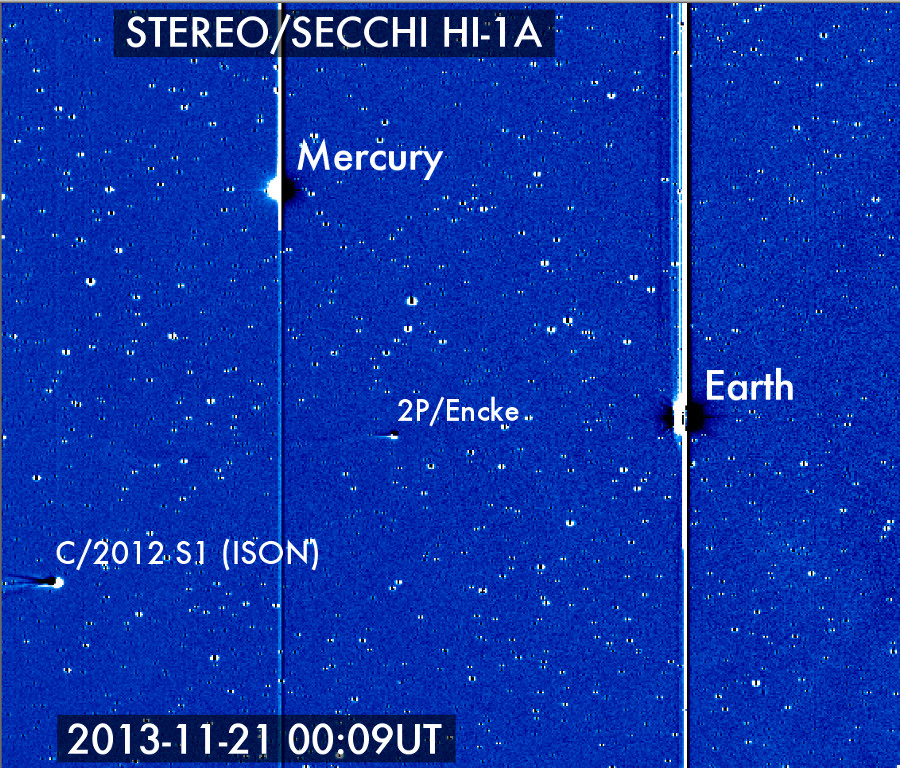Comet C/2012 S1 (ISON) has entered the NASA STEREO/SECCHI HI-1A field of view where it joins the Earth, Mercury and comet 2P/Encke. Credit: Karl Battams/NASA/STEREO/CIOC