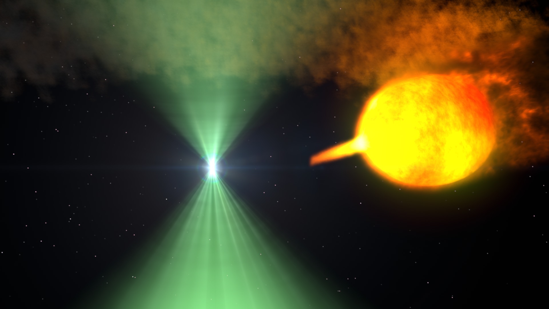 This animation illustrates one possible model for the dramatic changes observed from J1023. The two stars of AY Sextantis orbit closely enough that a stream of gas flows from the sun-like star toward the pulsar. The pulsar's rapid rotation and intense magnetic field produce both the radio beam and the high-energy wind, which is eroding its companion. When the radio beam (green) is detectable, the pulsar wind holds back the companion's gas stream, preventing it from approaching too closely. Now and then the stream surges, reaches toward the pulsar and establishes an accretion disk. Processes involved in producing the radio beam are either shut down or, more likely, obscured. Meanwhile, some of the gas falling toward the pulsar may be accelerated outward at nearly the speed of light, forming dual particle jets firing in opposite directions. Shock waves within and along the periphery of these jets are a likely source of the bright gamma-ray emission (magenta) detected by NASA's Fermi Gamma-ray Space Telescope.Credit: NASA's Goddard Space Flight Center