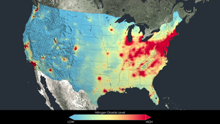 United StatesThis visualization shows tropospheric column concentrations of nitrogen dioxide across the U.S. as detected by the Ozone Monitoring Instrument on NASA's Aura satellite, averaged yearly from 2005-2011. 