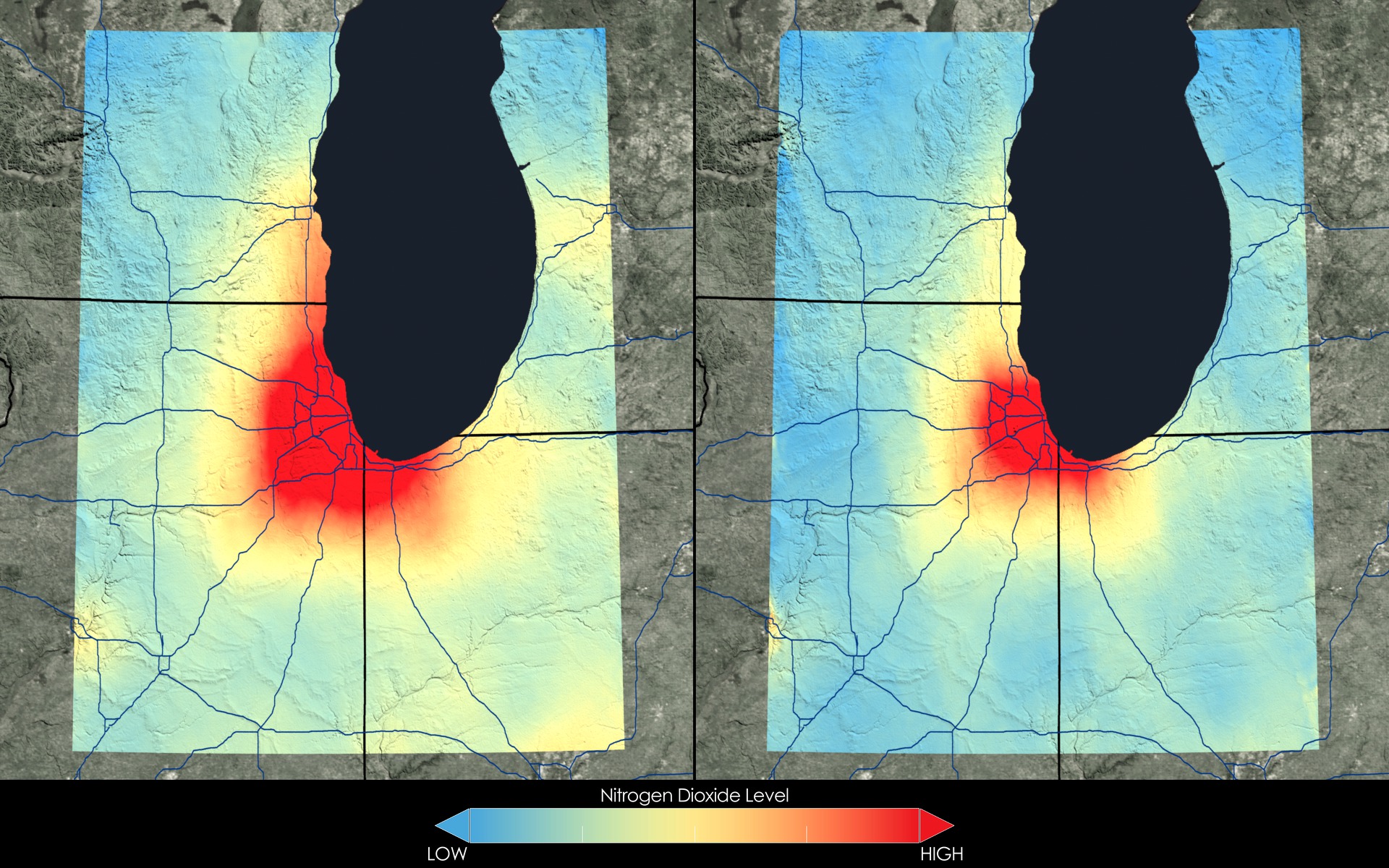 ChicagoSatellite data show that Chicago has seen a 43 percent decrease in nitrogen dioxide between the 2005-2007 (left) and 2009-2011 (right) periods. 