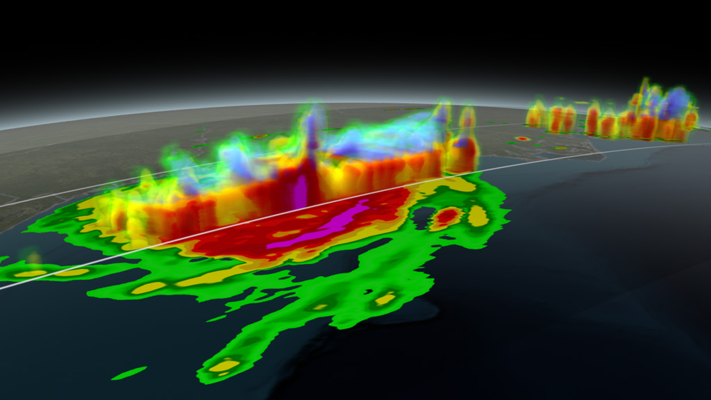 A NASA satellite maps precipitation from a Category 2 hurricane.
