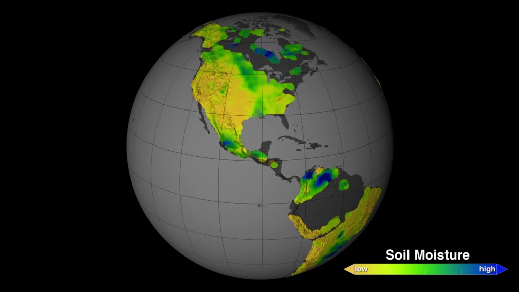 This is a rotating globe with soil moisture maps made by the Aquarius instrument aboard the Aquarius/SAC-D satellite.