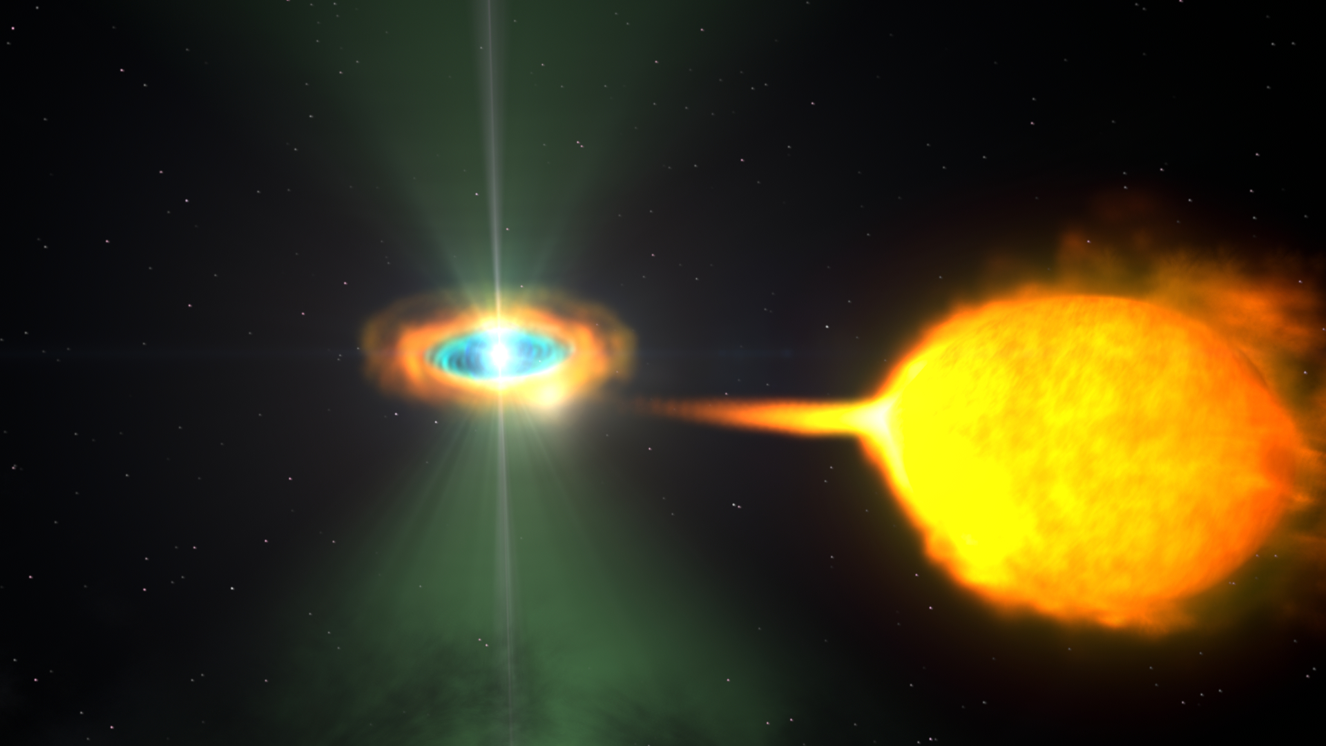 Narrated video.  Zoom into an artist's rendering of AY Sextantis, a binary star system whose pulsar switched from radio emissions to high-energy gamma rays in 2013. This transition likely means the pulsar's spin-up process is nearing its end.Credit: NASA's Goddard Space Flight CenterWatch this video on the NASA Goddard YouTube channel.For complete transcript, click here.