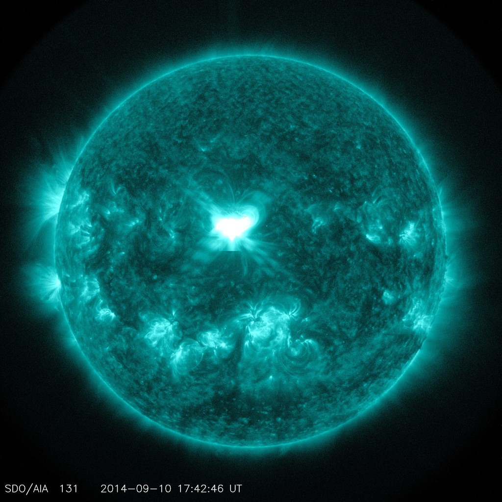 An X1.6 class solar flare flashes in the middle of the sun on Sept. 10, 2014. This image was captured by NASA's Solar Dynamics Observatory and shows light in the 131 angstrom wavelength, which is typically colorized in teal.Credit: NASA/SDO