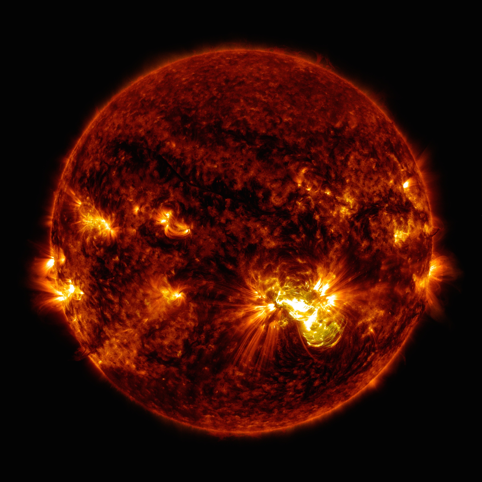 Active region AR 12192 on the sun erupted with a strong flare on Oct. 24, 2014, as seen in the bright light of this image captured by NASA's Solar Dynamics Observatory. This image shows extreme ultraviolet light that highlights the hot solar material in the sun's atmosphere. Credit: NASA/GSFC/SDO