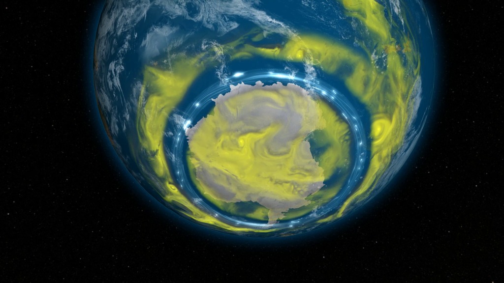 This is a conceptual animation showing ozone-depleting chemicals moving from the equator to the poles. The chemicals become trapped by the winds of the polar vortex, a ring of fast-moving air that circles the South Pole.
