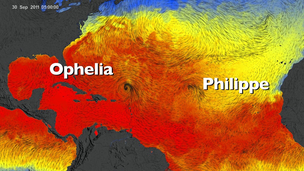 LEAD: NASA is helping us visualize how winds affect hurricane paths by assimilating satellite data with observations from ships and buoys.1. In this view of the Atlantic Ocean, the reds and yellows indicate warm ocean water.2. In September 2011, Hurricane Ophelia was pushed by ocean winds right up the alley between a high and a low.3. Just three days later, the winds changed and Hurricane Philippe was steered towards the U.S. Would Philippe threaten the East Coast?4. No. Strong winds from the north, a cold front, caused Hurricane Philippe to take a 180-degree turn and move safely away from the U.S.TAG: Combing satellite data with ship and buoy observations and models will help forecasters make better predictions of hurricane tracks.