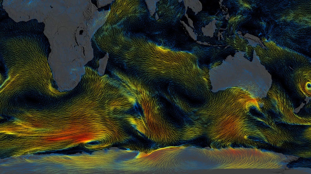 LEAD: Where is the windiest region of the world?1. NASA’s assimilation of wind measurements from ship buoys and satellites show a global view of winds, especially over the oceans.2. There are strong winds over the Atlantic.3. Take a closer look at the Roaring Forties in the Southern Hemisphere. This is a region that circles the globe with wide-open oceans. Here winds easily howl at 30 meters per second, or 65 miles per hour.TAG: One hundred and fifty years ago 'clipper' sailing ship captains used these windy zones as long distance 'express lanes’.