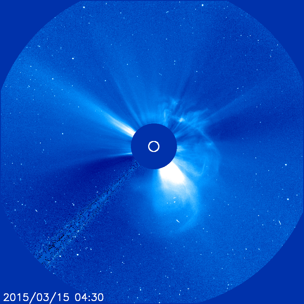 The Joint ESA/NASA Solar and Heliospheric Observatory, or SOHO, captured this image of a coronal mass ejection, or CME, at 12:30 am EDT on March 15, 2015. 
