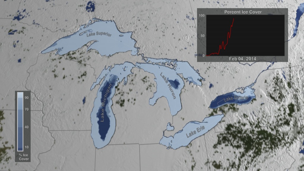 LEAD: Instruments aboard NASA satellites are able to track the winter ice growth and retreat across the Great Lakes.1. Changes in lake ice within a six-month period between 2013 and 2014 can be seen in 18 seconds. 2. The maximum ice extent occurred on March 6, 2014 and covered 92% of the Great Lakes.3. It was the second most extensive ice cover of the past 40 years of satellite observations.TAG: The ice in eastern Lake Superior reached a thickness of three and a half feet, which disrupted shipping routes.