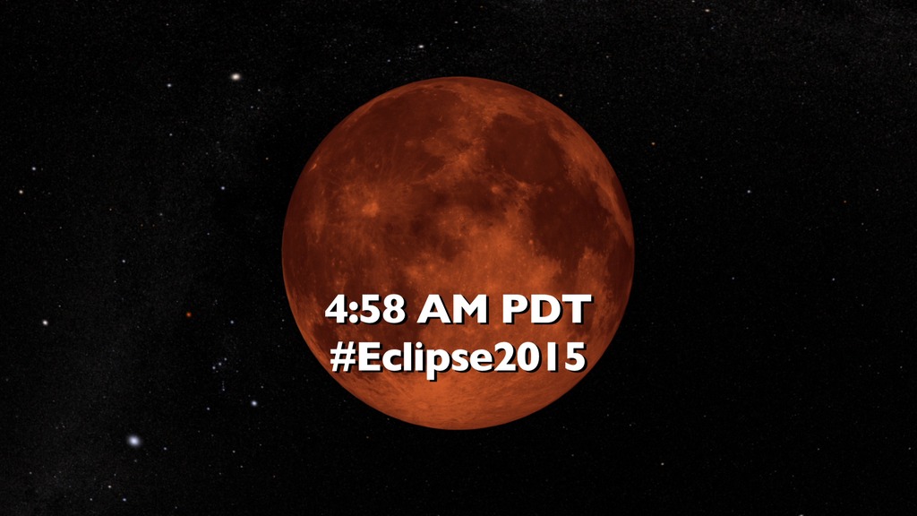 LEAD: Early risers on Saturday morning (April 4, 2015) will have a chance to see the shortest total lunar eclipse of the century.1. The moon will turn red as it crosses the earth’s long shadow for less than five minutes.2. Why is the moon red rather than dark if it is in the earth’s shadow?3. Turns out the earth’s atmosphere acts as a filter and a prism.4. Similar to a sunset, the light becomes red.5. The earth’s atmospheric 'lens' bends this red light only slightly, which is enough to bask the 2000-mile diameter moon in red light.6. The lunar eclipse starts at 4:58 AM Pacific Daylight Time.TAG: Best viewing will be in the Western United States, early Saturday morning. The next total eclipse is not until September 2015.