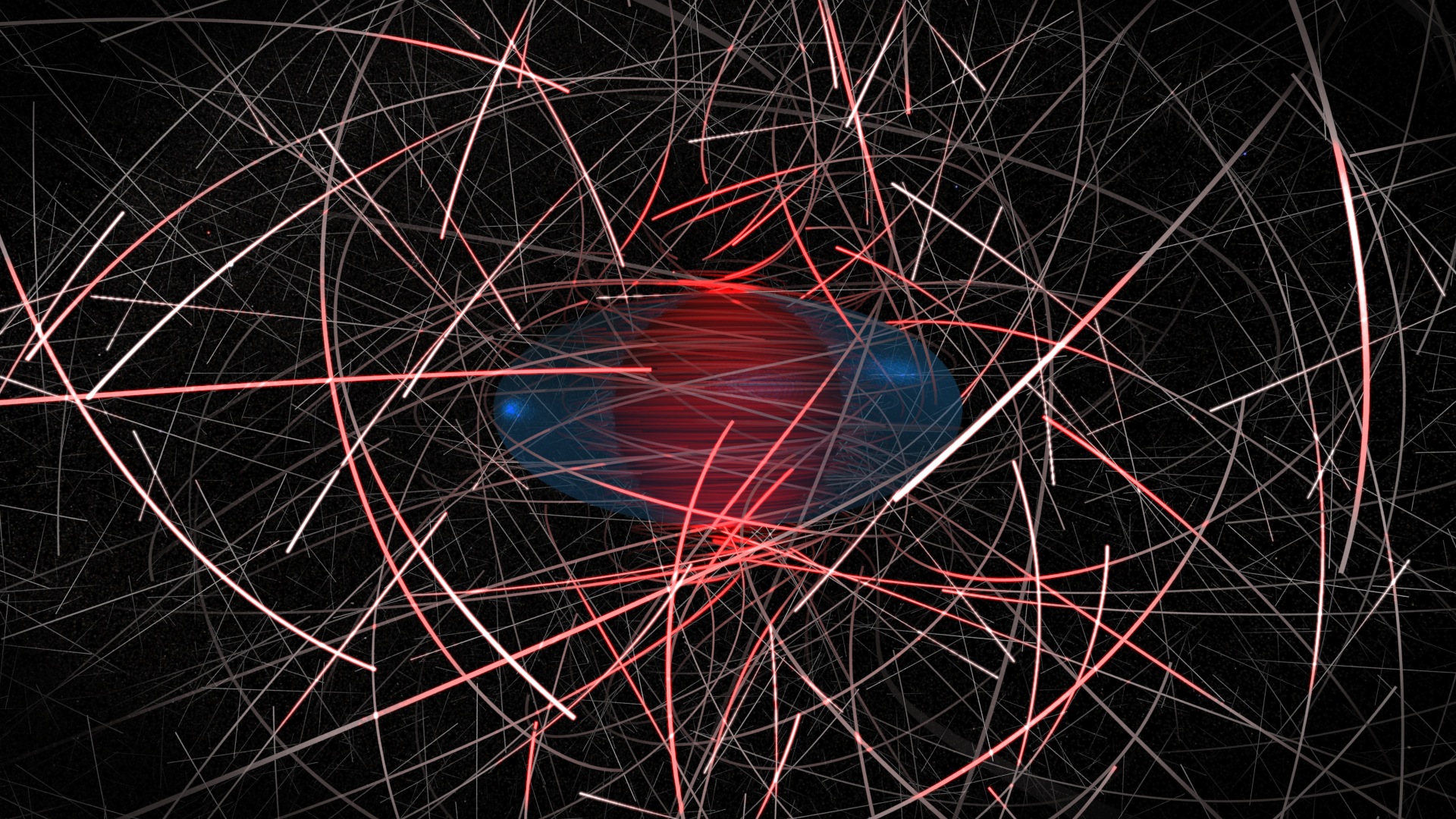  The image layers multiple frames from the visualization to increase the number of dark matter particles. The particles are shown as gray spheres attached to shaded trails representing their motion. Redder trails indicate particles more strongly affected by the black hole's gravitation and closer to its event horizon (black sphere at center, mostly hidden by trails). The ergosphere, where all matter and light must follow the black hole's spin, is shown in teal. Credit: NASA Goddard Scientific Visualization Studio 