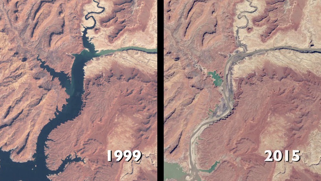 LEAD: The Colorado River's Lake Powell reservoir remains well below full capacity after a winter of generally below normal snowfall in the Rocky Mountains.1. In 1999, water levels in Lake Powell were relatively high, and the water was a clear, dark blue.2. But images taken by USGS-NASA Landsat satellites over the last 17 years shows the reservoir levels falling, rising and falling as of result of spring snow melt in the headwaters of the Colorado Rockies.3. Lake Powell water levels in mid-June 2015 are about 80 feet lower than the peak level of 1999.TAG: The Colorado River Basin provides water to roughly 40 million people in 7 states and Mexico.