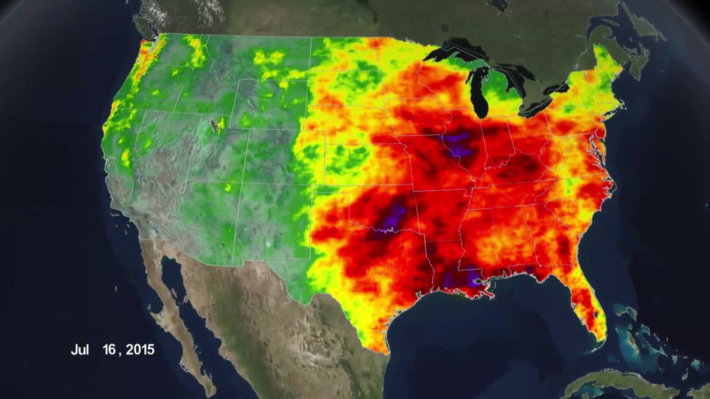 LEAD:  So far, 2015 has been the tale of two extremes when it comes to rainfall across the U.S. 1. NASA's GPM satellite network shows accumulated rainfall since January 1st of this year. Heavy flooding rains in parts of the east. But it has been very dry over California this year. 2. In fact a California drought has been going on since 2012. Ground water supplies are low. California's 4-year dry spell has left the state short by 20 inches of rain, an entire year's worth of rain.  3. Persistent high pressure off California has blocked Pacific rainstorms. What is needed are a series of "atmospheric rivers", often called the Pineapple Express, similar to December 2014, when 3 inches of rain fell.  TAG: About 20-50% of California's rain comes from the "atmospheric rivers" that pump warm tropical moisture over California.