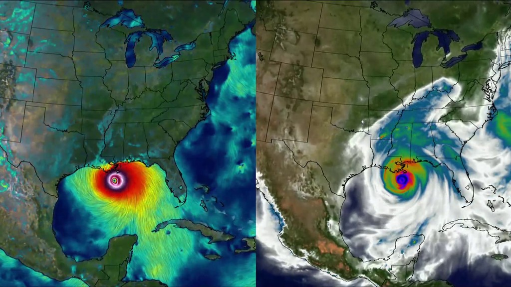 LEAD: Science and computer advances over the past ten years since Katrina are giving meteorologists clearer pictures of hurricanes. 1. A NASA weather and climate model now (2015) has a resolution of 4 miles, and updates the dynamic state of the atmosphere every 5 seconds and physical processes every 5 minutes. 2. Katrina's wind speed is shown on the left, water vapor on the right. 3. Abundant water vapor was one factor that helped to intensify Katrina to a Category 5 storm, with sustained wind speeds of 175 mph. 4. But, 18 hours later Katrina made landfall over Louisiana as a Category 3 storm, with winds of 125 mph. TAG: Detailed computer models will help meteorologists understand these quick wind changes and make better forecasts about hurricane strength at landfall.