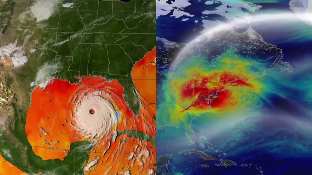 LEAD: On this 10th anniversary of Hurricane Katrina, it is interesting to compare the size of Katrina to the size of Sandy of three years ago. 1. Katrina is shown on the left, and Sandy on the right.  Katrina was a textbook hurricane. Sandy started as a hurricane, but turned into an extra-tropical storm. 2. Tropical storm winds of 40 mph are shown in yellow, hurricane winds in red.3. Katrina's winds greater than 40 mph stretched 300 miles across.4. Sandy's winds over 40 mph stretched three times as wide, or 900 miles. TAG: The size of the wind field is just one of the critical components that forecasters use to predict the storm surges during landfall. 