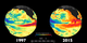 LEAD:  NASA's satellites are tracking the developing El Niño across the Pacific Ocean.    1. Ocean conditions in 2015 bear some similarities to the powerful 1997 El Niño. This NASA visualization shows side-by-side comparisons of Pacific Ocean sea surface height anomalies measured by satellites in 1997 and 2015.  2. Red shows where the ocean is above the normal sea level.  3. Blue shades indicate areas of lower sea levels.  4. Sea surface height is an indicator of the temperature of the water below. Above normal levels indicate warmer temperatures, below normal colder temperatures.  5. El Niño events are characterized by a mass of warm water migrating from Southeast Asia toward South America. TAG: Weather and climate forecasters are tracking El Niño closely because it could help steer beneficial rains to parts of drought-stricken California and the American West.